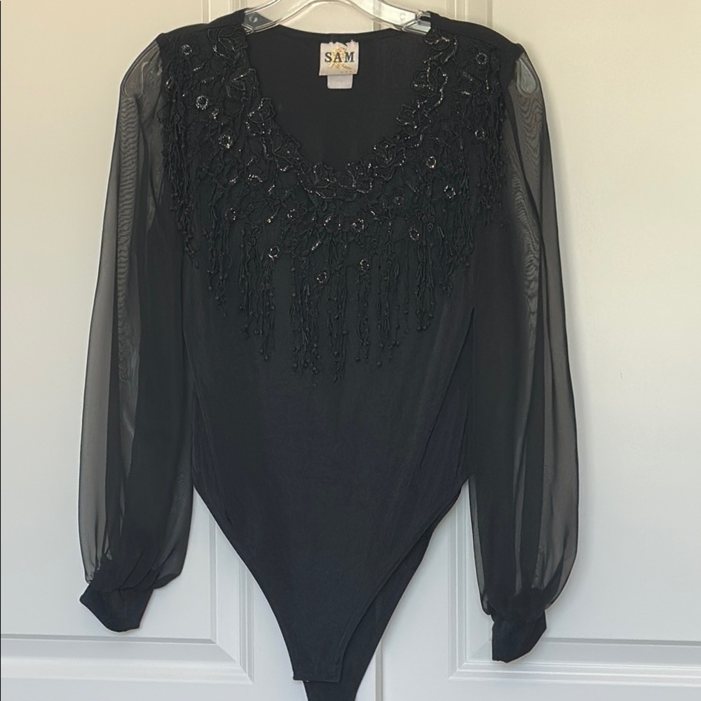 Vintage SAM Black Bodysuit with Sheer Sleeves six M